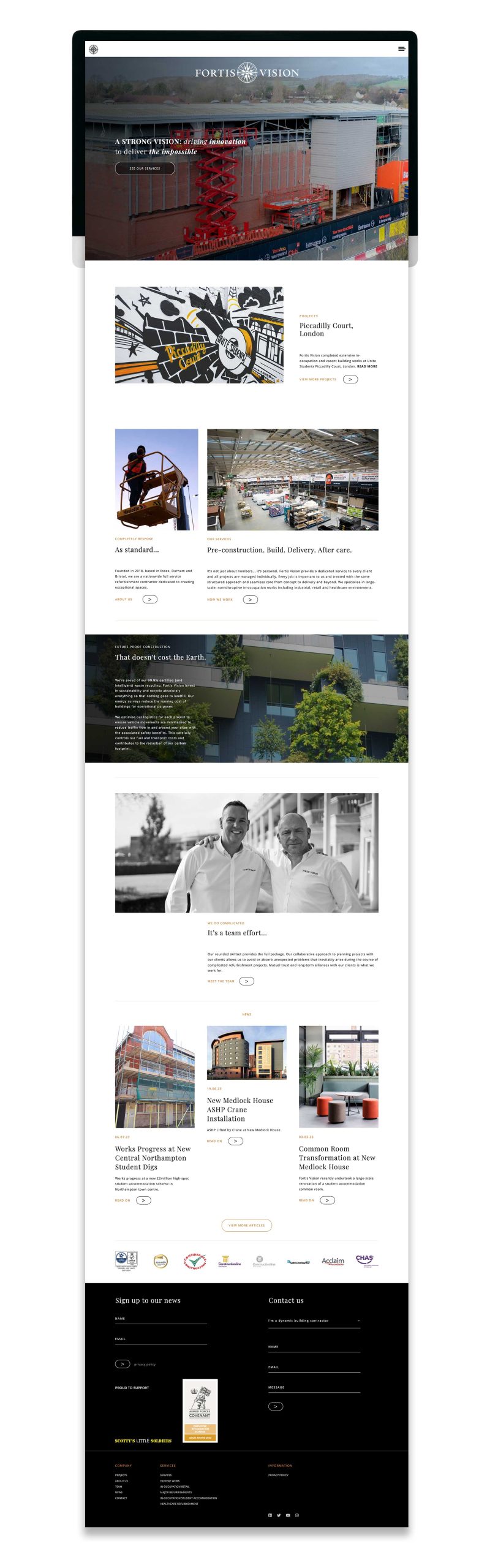 Branding and website design of UK refurbishment contractor, construction industry branding and marketing, Fortis Vision.